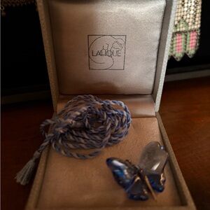 Lalique Blue Butterfly Necklace w/ Cord & Original Box
